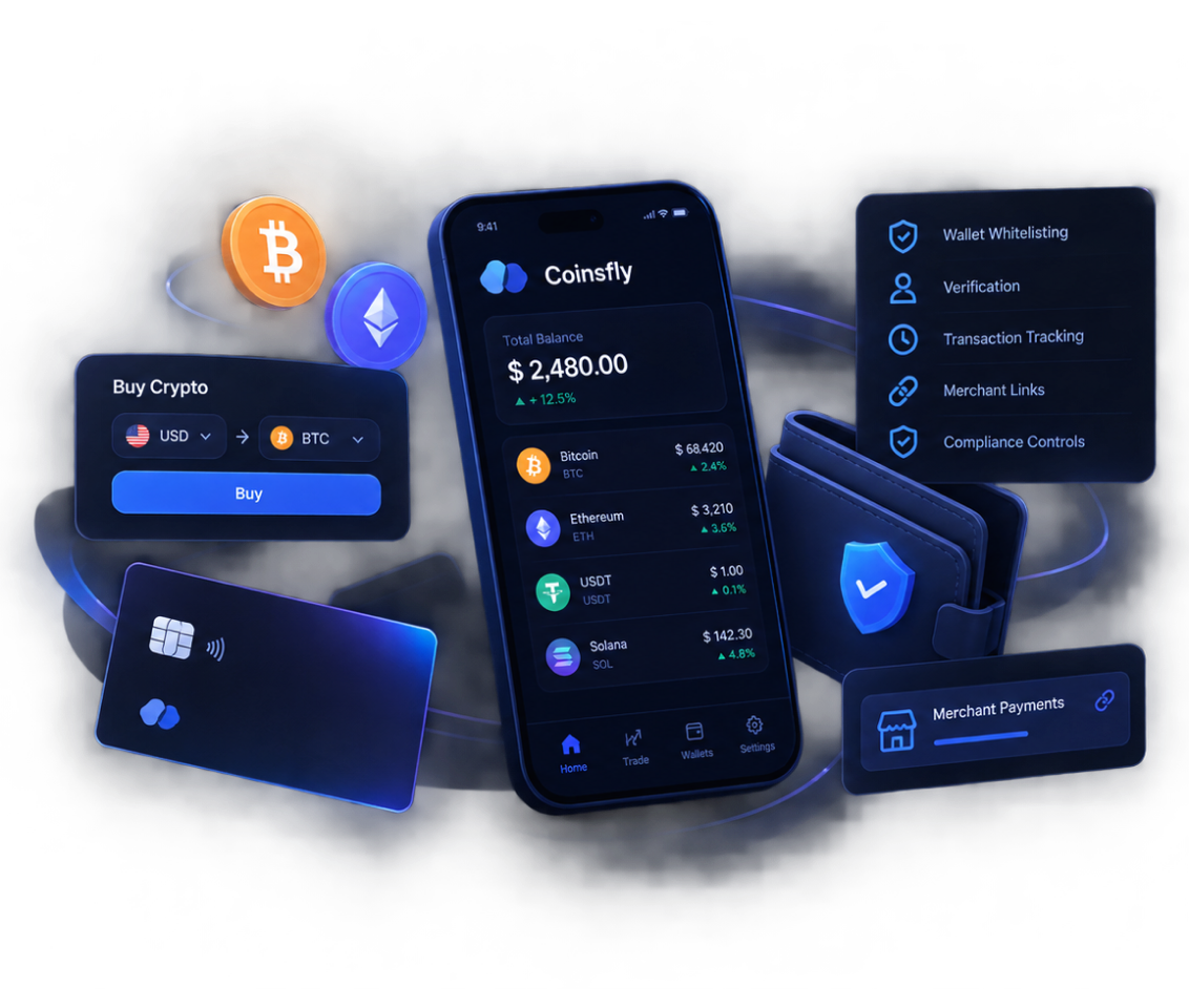 Coinsfly mobile app showing balances, buy crypto and compliance tools