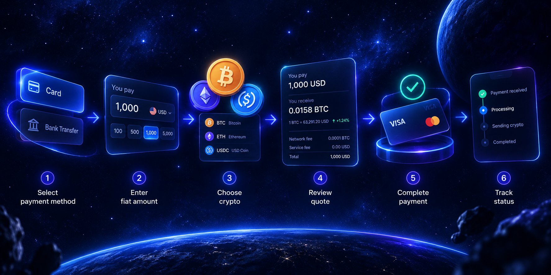 Six step flow: select payment method, enter fiat amount, choose crypto, review quote, complete payment, track status