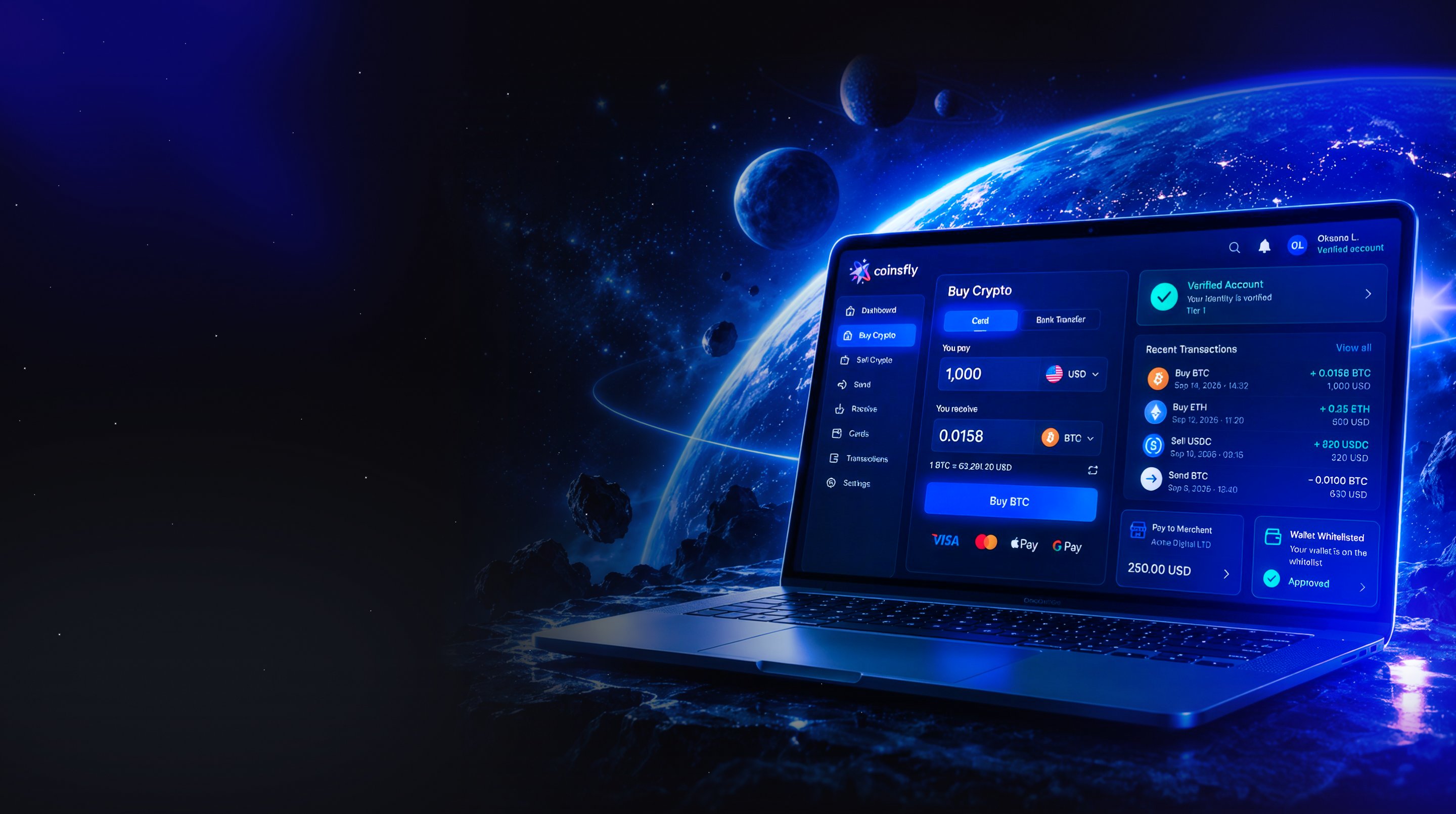 Coinsfly buy crypto dashboard on a laptop, in space