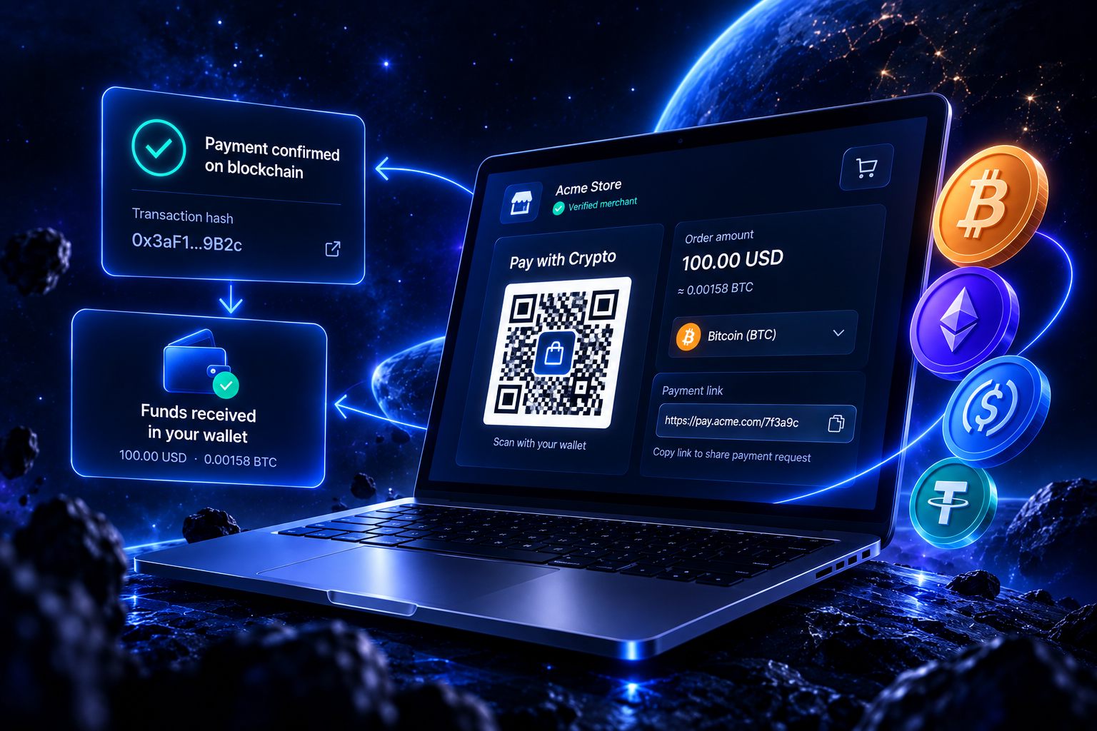 Merchant crypto payment gateway on laptop with QR code