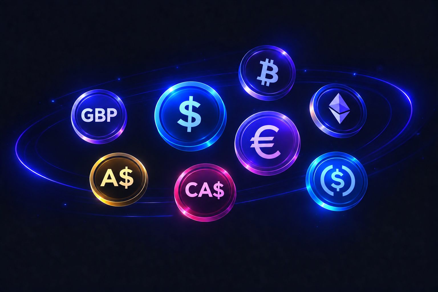 Supported currencies: GBP, USD, EUR, AUD, CAD, BTC, ETH, USDC